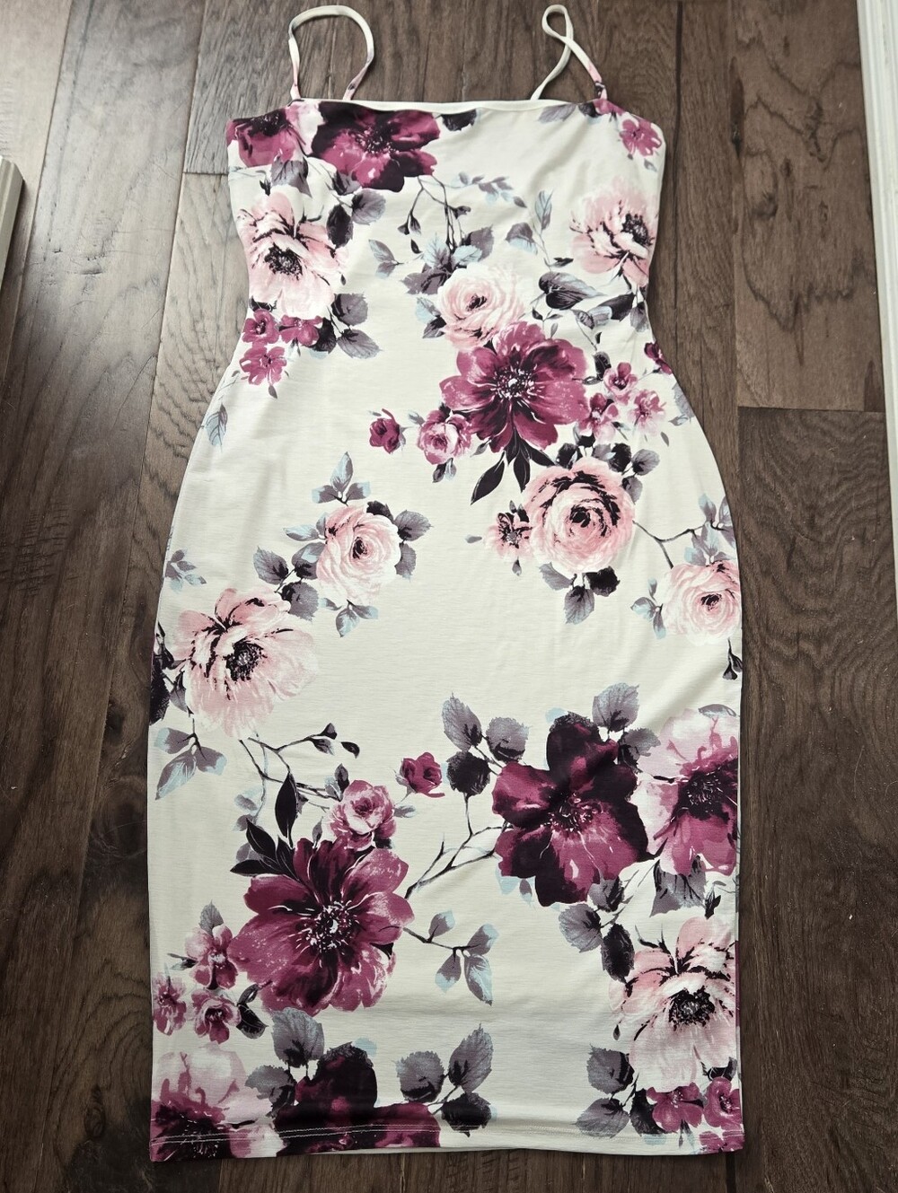 Eclipse White Midi Dress with Pink and Burgundy Floral Print